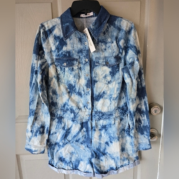 Mebon Machine Chambray Romper Jumpsuit Women L Blue Denim LongSleeve Tye Dye - Picture 4 of 16